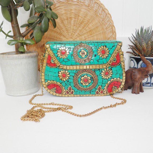 Antik Kraft Boho Amoli Brass & Mosaic Crossbody Clutch Turquoise Anthropologie - Picture 13 of 14